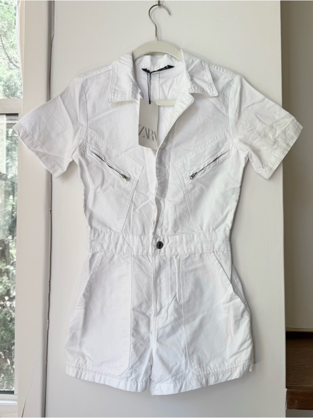 NWT Zara Short-Sleeve Denim Romper White XS